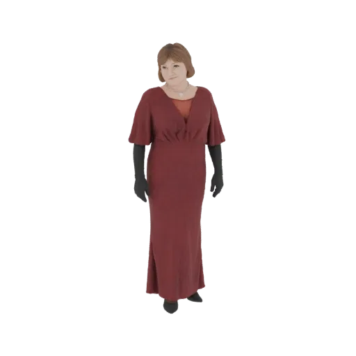 3D-Modell einer eleganten Frau in einem bodenlangen roten Kleid, mit schwarzen Handschuhen und Halskette, anmutig vor weißem