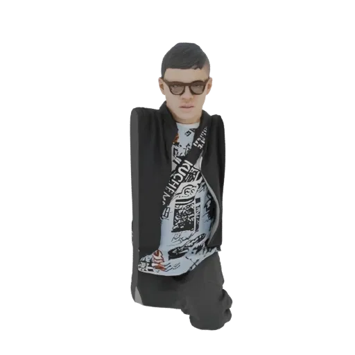 3D model render of a young man with short dark hair, wearing glasses, a black hoodie over a light blue graphic t-shirt, and dark pants.