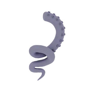 A 3D render of a grey, coiled tentacle with numerous circular suckers along its length, set against a white background.