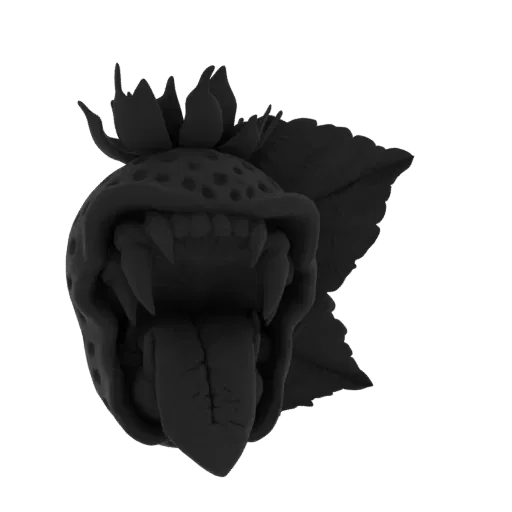 3D model of a dark, monochromatic strawberry monster with sharp teeth and a long tongue, set against a black background.