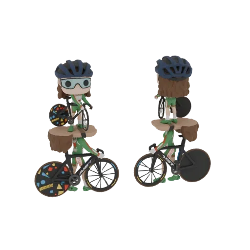 3D model of a stylized cyclist figure in a green uniform, wearing a helmet and goggles, riding a bicycle with colorful wheels