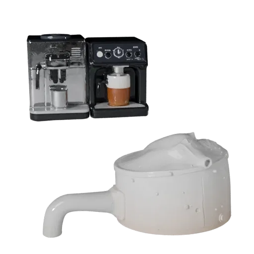 Compact Coffee Machine High Poly 3D model, dining room, close-up studio render, plastic detail.