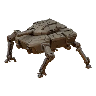 3D model of a brutalist spider tank with four articulated mechanical legs, viewed from an isometric side angle.