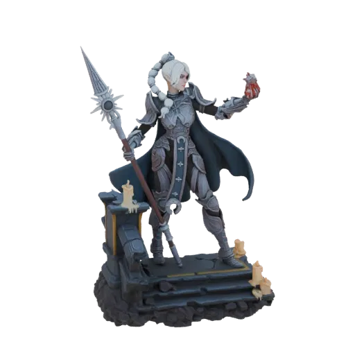 3D model of a fantasy female knight in silver and blue armor, holding a spear with a sun emblem and a glowing orb, standing o
