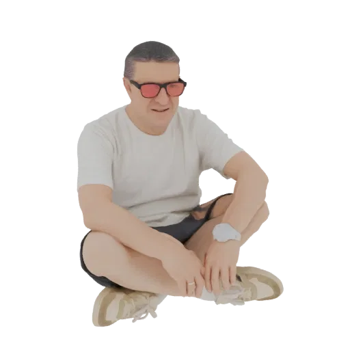 3D model of a man sitting cross-legged, wearing red sunglasses and a white t-shirt, with a relaxed expression.