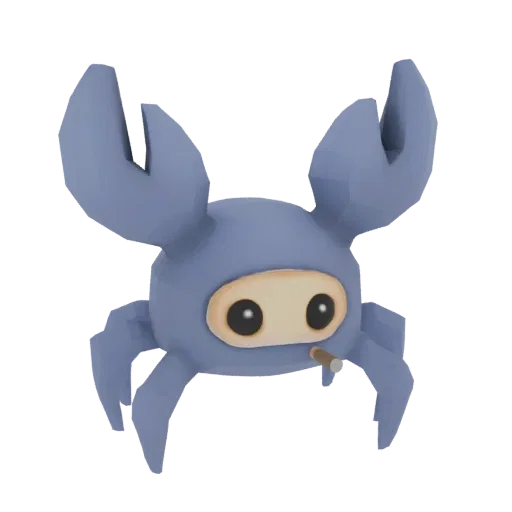 3D model of a blue crab character with large claws and a cigar in its mouth, rendered in a low-poly style.