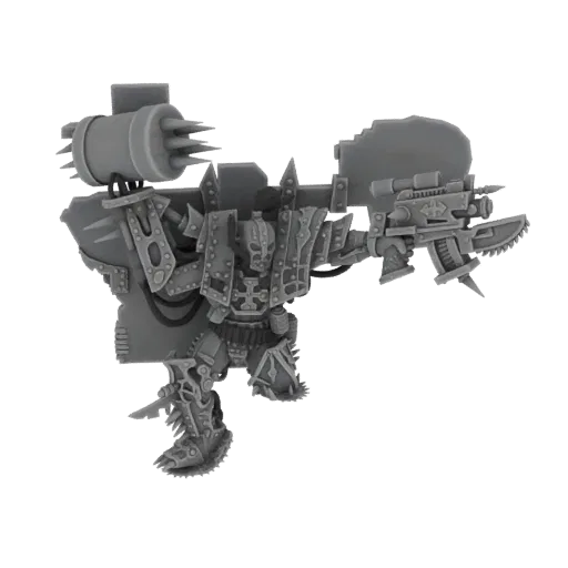3D model of a large, heavily armed Ork Mega-Gargant with a cannon and a spiked hammer, against a white background.