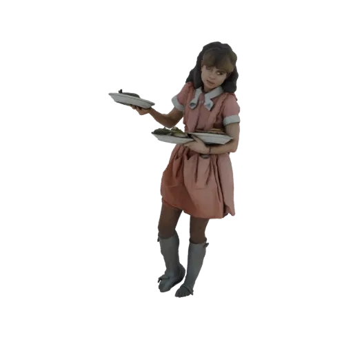 Modello 3D di una giovane ragazza in abito rosa che tiene due piatti di cibo, con estetica vintage.