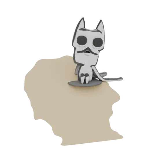 3D model of a stylized cat character with a prominent mustache, sitting on a beige base.