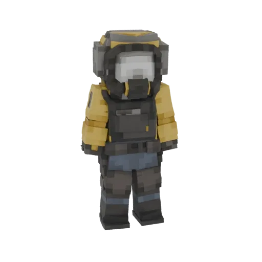 A voxel art 3D model of a character wearing a yellow hazmat suit with a grey helmet and vest, standing against a white backgr
