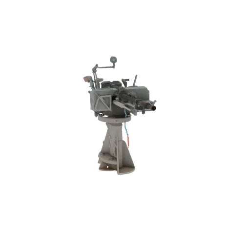 Modèle 3D d'un support de canon naval à double canon, monté sur un socle gris, sur fond blanc.