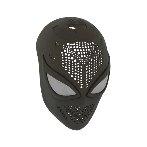 3D-Modell einer dunklen Spiderman-Maske mit perforiertem Netzmuster und weißen Augenlinsen, präsentiert auf schwarzem Hinterg