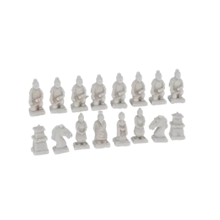 A 3D model of a complete chess set featuring ancient Chinese warrior figures and pagoda-like pieces, rendered on a white back