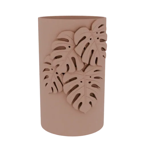 A 3D render of a matte pink cylinder vase with a raised Monstera leaf pattern on its exterior.