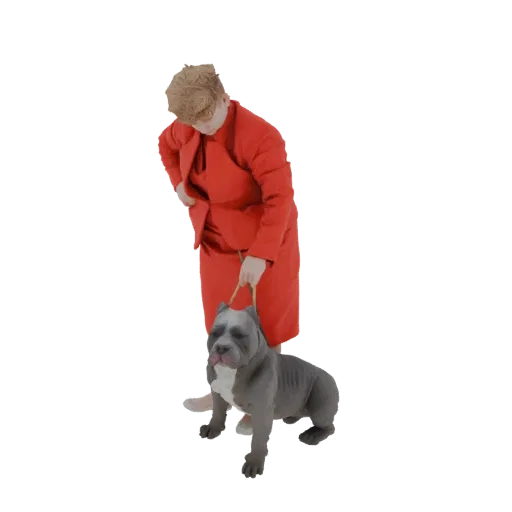 3D model of a woman in a red suit walking a blue-grey pitbull-type dog, presented on a white background.