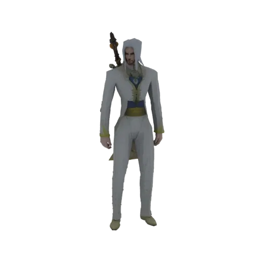 3D model of an elegant gentleman in a white suit with a sword on his back, standing and looking forward.