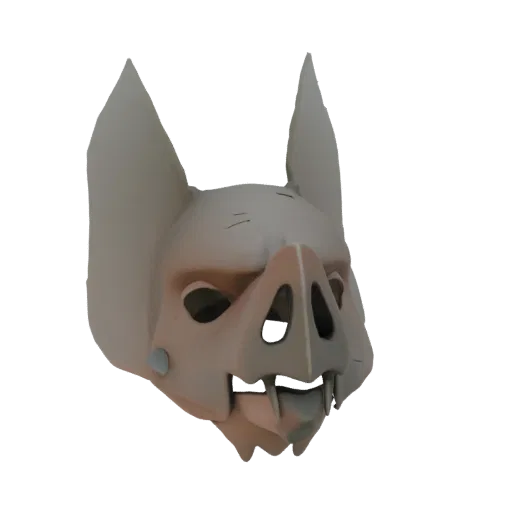 Un rendering 3D di una maschera stilizzata di teschio di pipistrello con grandi orecchie e zanne affilate, presentato su sfon