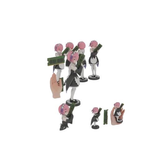 3D model of several anime-style maid figures, each holding a computer RAM stick, arranged together.