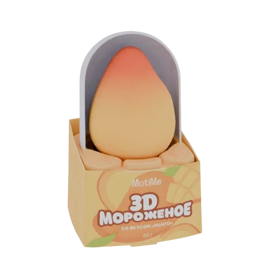 3D model of a mango-shaped ice cream lamp in its retail packaging, featuring vibrant colors and playful design.