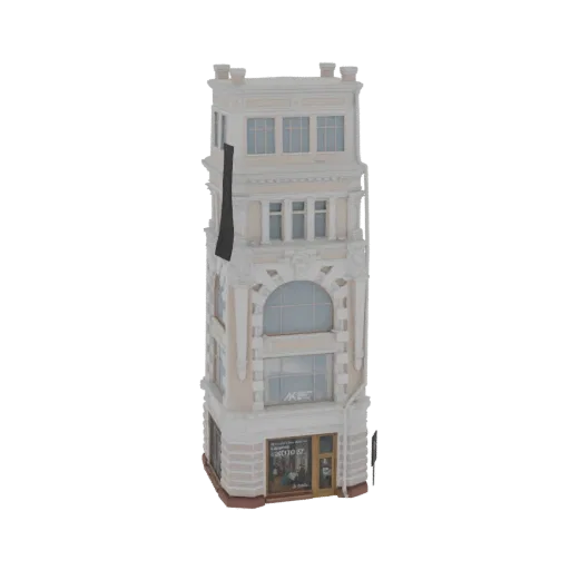 3D model of a tall, narrow Art Nouveau building with a cream-colored facade, arched windows, and decorative trim.