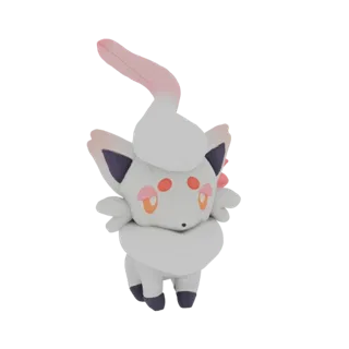 Modelo 3D de un peluche blanco de Zorua con acentos rosados y cola enroscada, sobre fondo blanco.