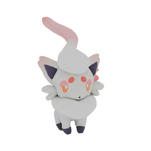 3D model of a white Zorua plush toy with pink accents and a curled tail, set against a white background.