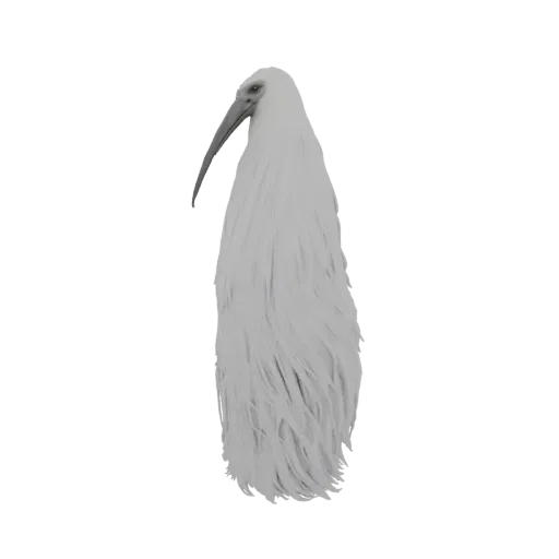 3D model of a white ibis with its head turned to the left, showcasing its long curved beak and detailed, flowing white plumag