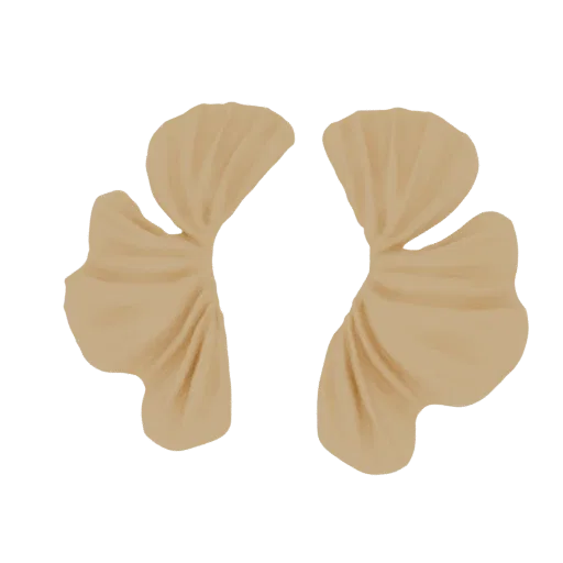 Modèle 3D de deux boucles d'oreilles beiges en forme de feuille de ginkgo, présenté sur fond blanc.