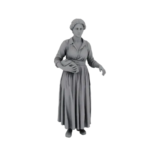3D model of a peasant woman wearing a long dress and holding a basket, rendered in gray.