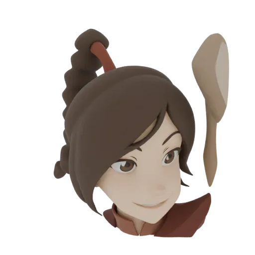 3D render of a stylized anime girl with a brown ponytail, brown eyes, and a smile, holding a light brown spoon.