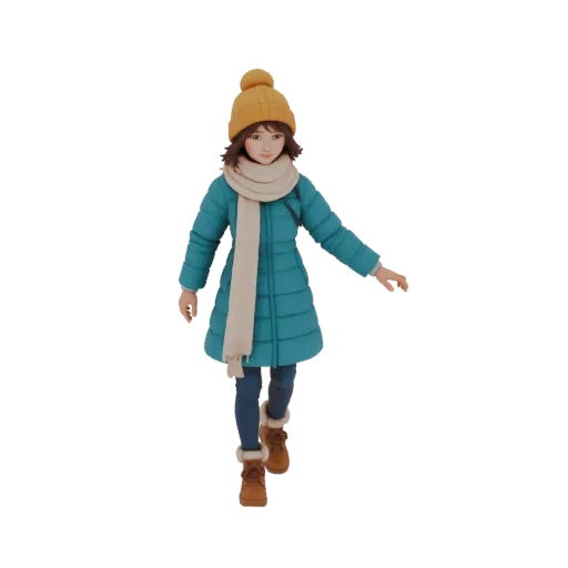 Modelo 3D de mujer joven con abrigo de invierno azul verdoso, gorro amarillo y bufanda crema, con expresión amigable.