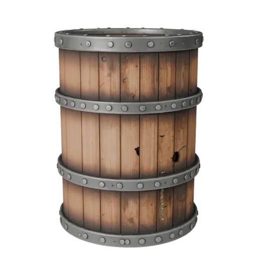 Industrial Barrel 3D model, three-quarter front view, Unity viewport, showing wood planks, stackable massing.