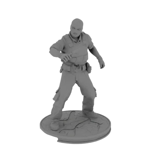 3D model of a tactical operative wearing a mask and vest, holding a knife in a combat stance on a cracked base.