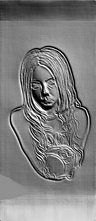 3D model of "Girl with Hair" bas-relief in embossing style, showcasing detailed face and hair