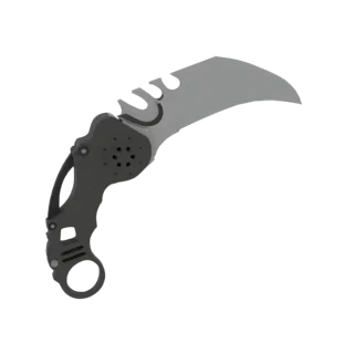 3D model of a futuristic karambit knife with a curved gray blade and a black textured handle with a finger ring.