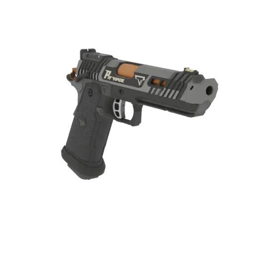 Ein detailliertes 3D-Modell der Pit Viper Pistole mit grauer und oranger Farbgebung und komplexen Schlitten- und Griffdetails