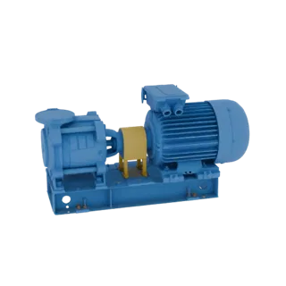 3D render of a blue industrial pump and electric motor assembly mounted on a blue base, with a yellow coupling guard.