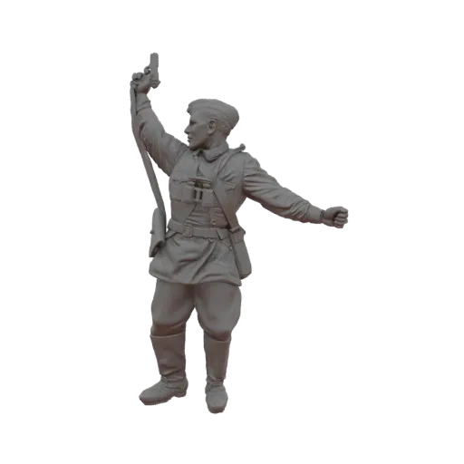 3D model of a Soviet soldier in an action pose, holding a pistol aloft and a rifle slung over his shoulder.