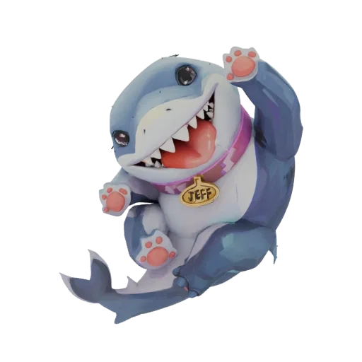 A 3D render of a cute, blue and white chibi shark character named Jeff, wearing a pink collar with a gold tag, sitting and wa