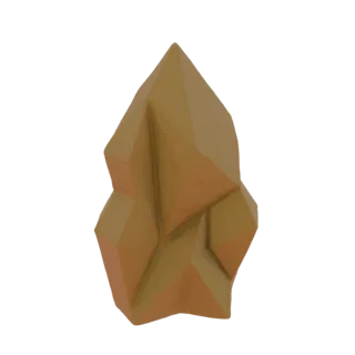 A 3D render of a stylized, low-poly rock formation with sharp geometric facets in an earthy brown-tan color.