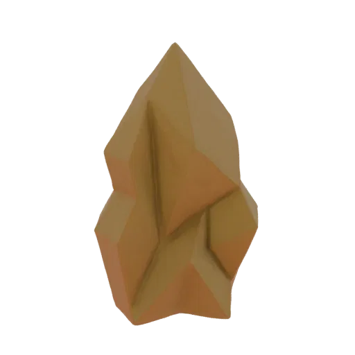 A 3D render of a stylized, low-poly rock formation with sharp geometric facets in an earthy brown-tan color.
