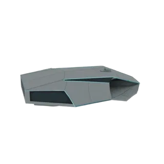 3D model of a futuristic geometric transport pod with sharp angles and glowing blue accents, viewed from a side-front angle.