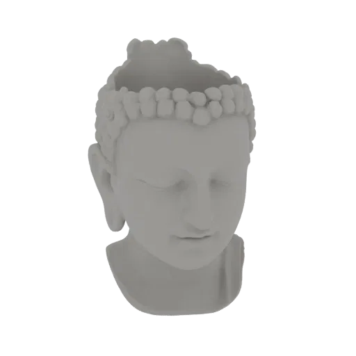 Un rendering 3D di una serena testa di Buddha con la parte superiore cava, progettata come vaso, su sfondo bianco.