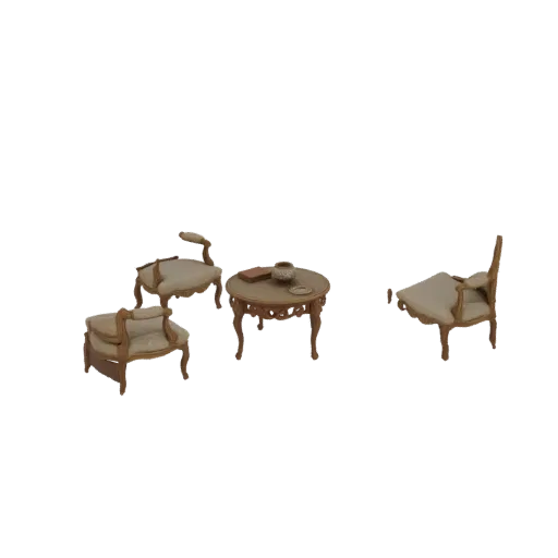 3D model of a miniature Rococo living room set with a carved table and three upholstered chairs, displayed on a white backgro