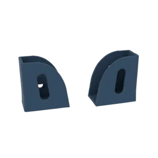 Un set di due portariviste moderni blu intenso con frontali curvi e maniglie laterali, esposti su uno sfondo bianco.