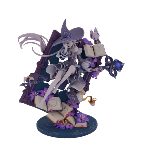 3D model of a mystical witch with a pointed hat, holding an open spellbook and a magical staff, surrounded by purple flowers