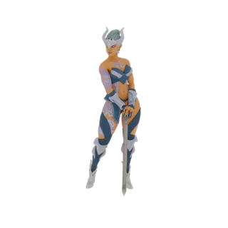 3D-Modell einer Fantasy Kriegerin in blau-silberner Rüstung, mit Schwert und Hörnern.