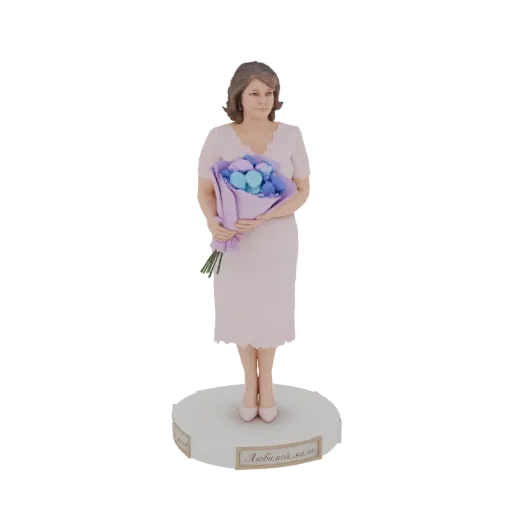 Rendering del modello 3D di una donna in abito rosa che tiene un bouquet di fiori blu e viola, in piedi su una base circolare