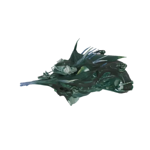 3D render of a dark green alien deep sea creature with bioluminescent blue fins and complex organic structures, isolated on a