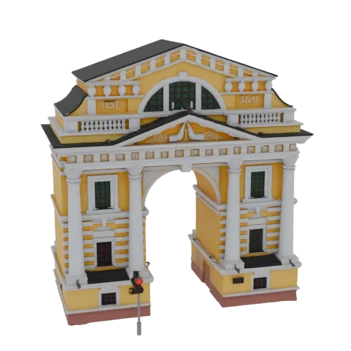 3D model of the Moscow Triumphal Arch, featuring a yellow facade, classical columns, and an arched entryway, set against a wh
